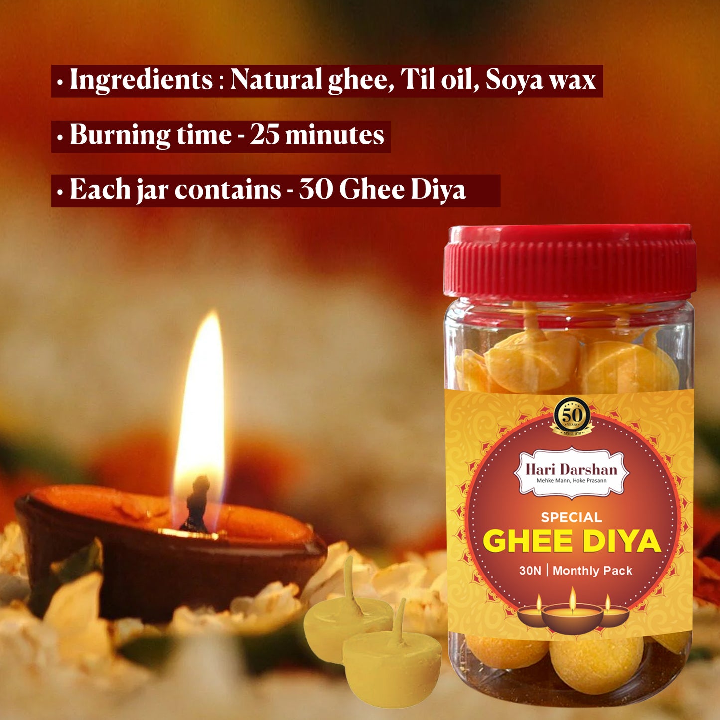 Ghee Diya - Made With Cow Ghee - Ready-to-Use - 25 Minutes Burning Time - 30pcs Diya