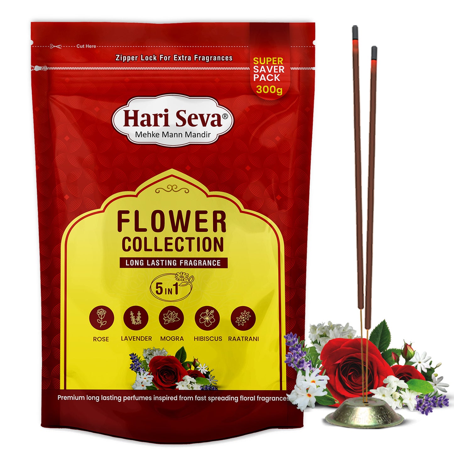 5 in 1 Fragrances: Rose, Lavender, Mogra, Hibiscus, Raatrani | Flower Collection Incense Sticks