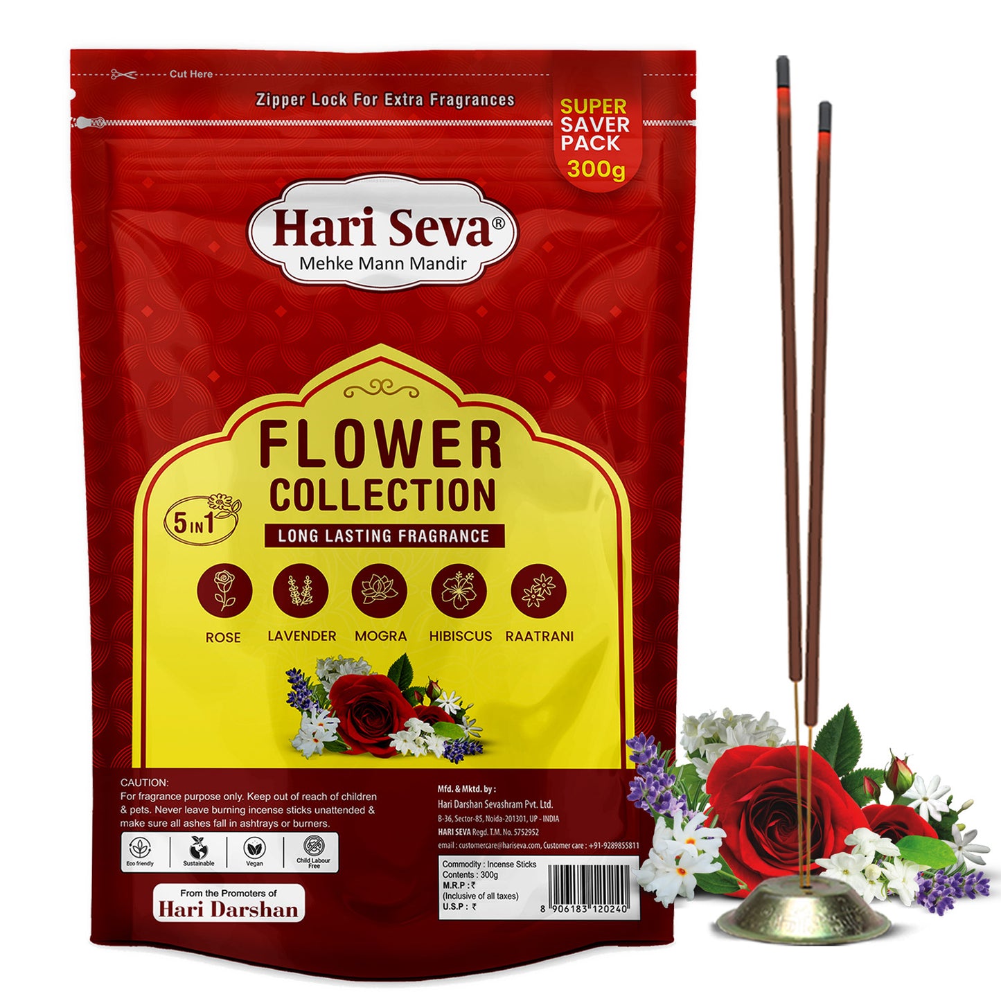 5 in 1 Fragrances: Rose, Lavender, Mogra, Hibiscus, Raatrani | Flower Collection Incense Sticks
