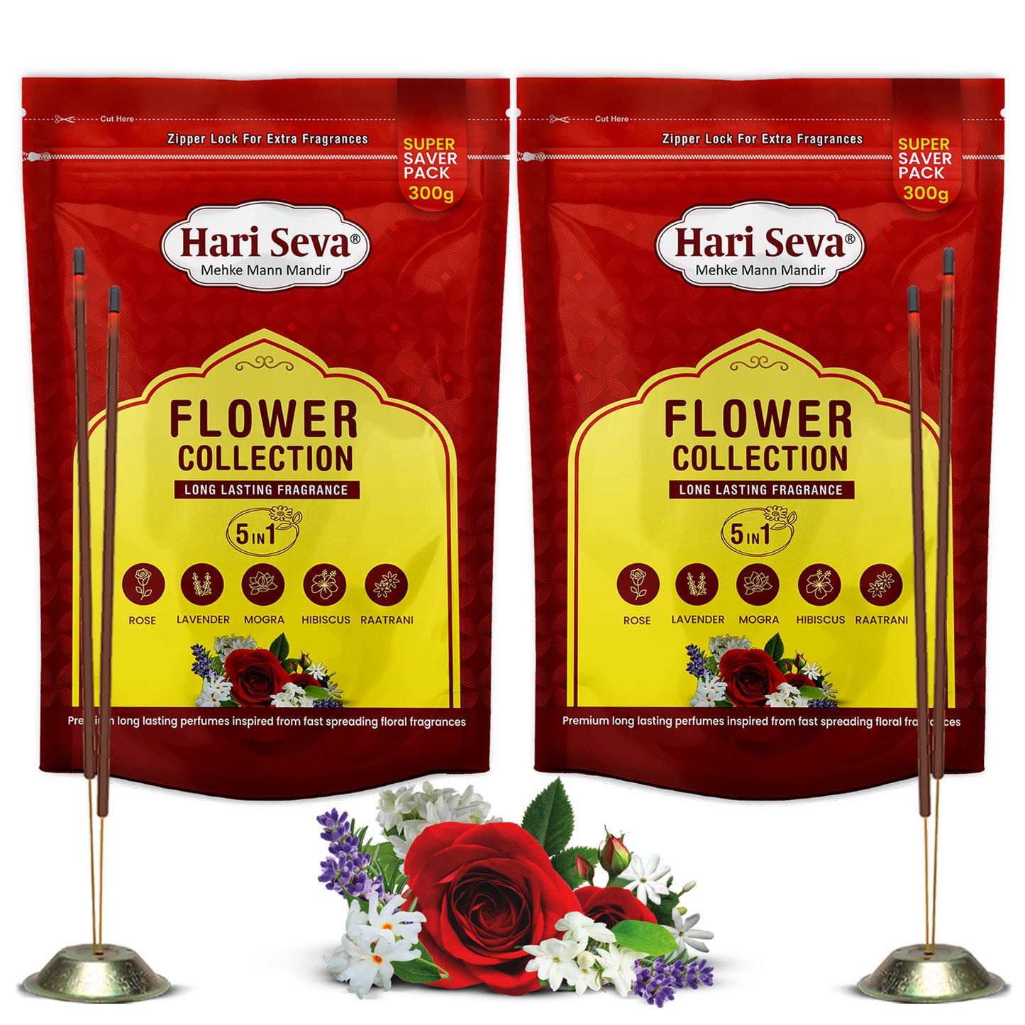 5 in 1 Fragrances: Rose, Lavender, Mogra, Hibiscus, Raatrani | Flower Collection Incense Sticks