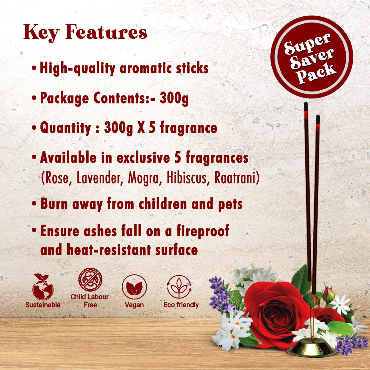 5 in 1 Fragrances: Rose, Lavender, Mogra, Hibiscus, Raatrani | Flower Collection Incense Sticks