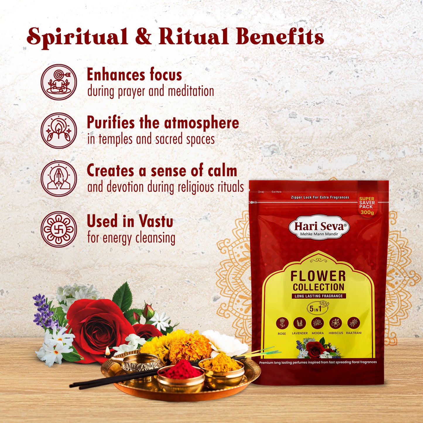 5 in 1 Fragrances: Rose, Lavender, Mogra, Hibiscus, Raatrani | Flower Collection Incense Sticks