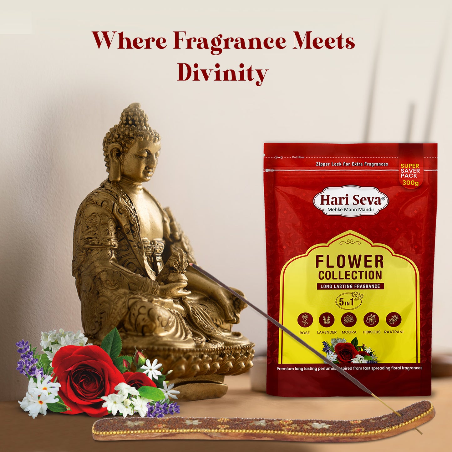 5 in 1 Fragrances: Rose, Lavender, Mogra, Hibiscus, Raatrani | Flower Collection Incense Sticks