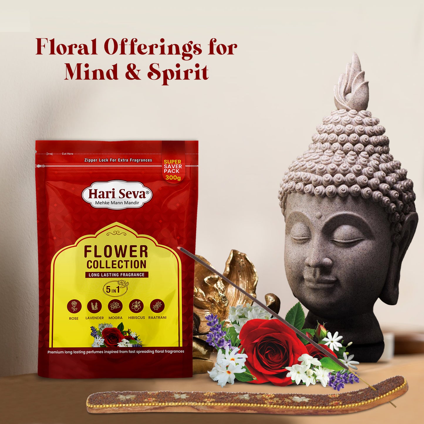 5 in 1 Fragrances: Rose, Lavender, Mogra, Hibiscus, Raatrani | Flower Collection Incense Sticks