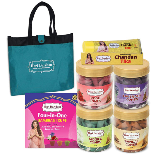 Combo of Dry Dhoop Cones - Rose, Lavender, Mogra, Sandal (Pack of 4, 125g Each) & with Four in One Sambrani Cups and Yellow Chandan Tika with Free Bag