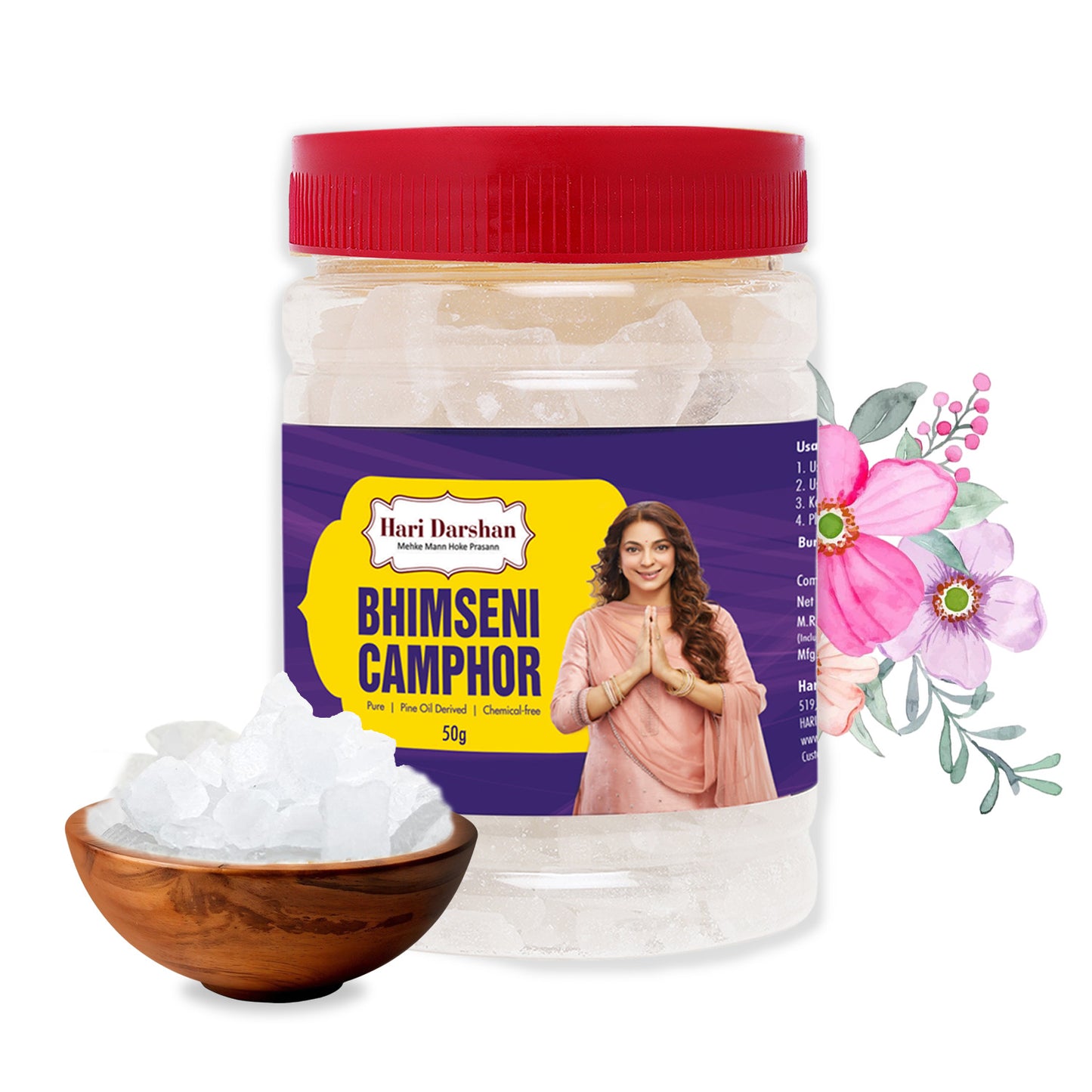 BHIMSENI CAMPHOR - Pure Kapur Crystals - For Pooja, Meditation, Havan or Room Freshener - Jar - 50g