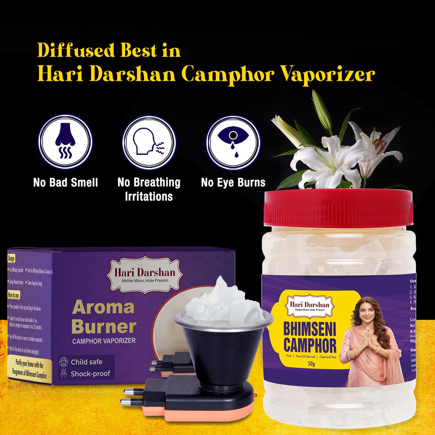 BHIMSENI CAMPHOR - Pure Kapur Crystals - For Pooja, Meditation, Havan or Room Freshener - Jar - 50g