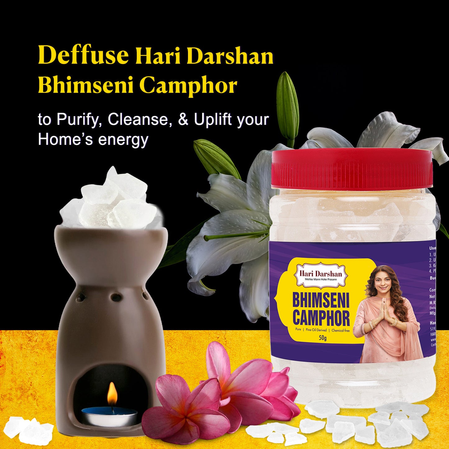 BHIMSENI CAMPHOR - Pure Kapur Crystals - For Pooja, Meditation, Havan or Room Freshener - Jar - 50g