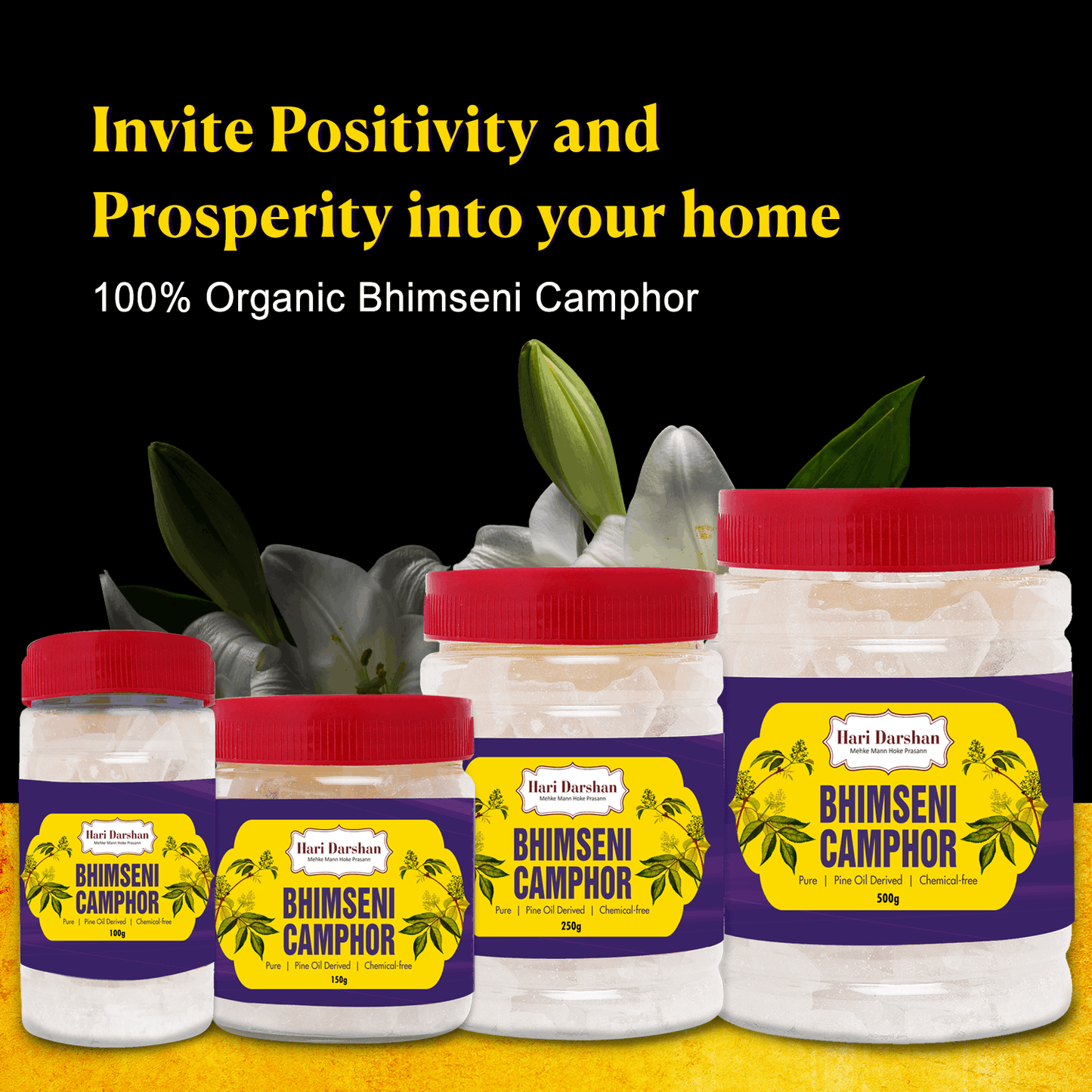 BHIMSENI CAMPHOR - Pure Kapur Crystals - For Pooja, Meditation, Havan or Room Freshener - Jar - 50g