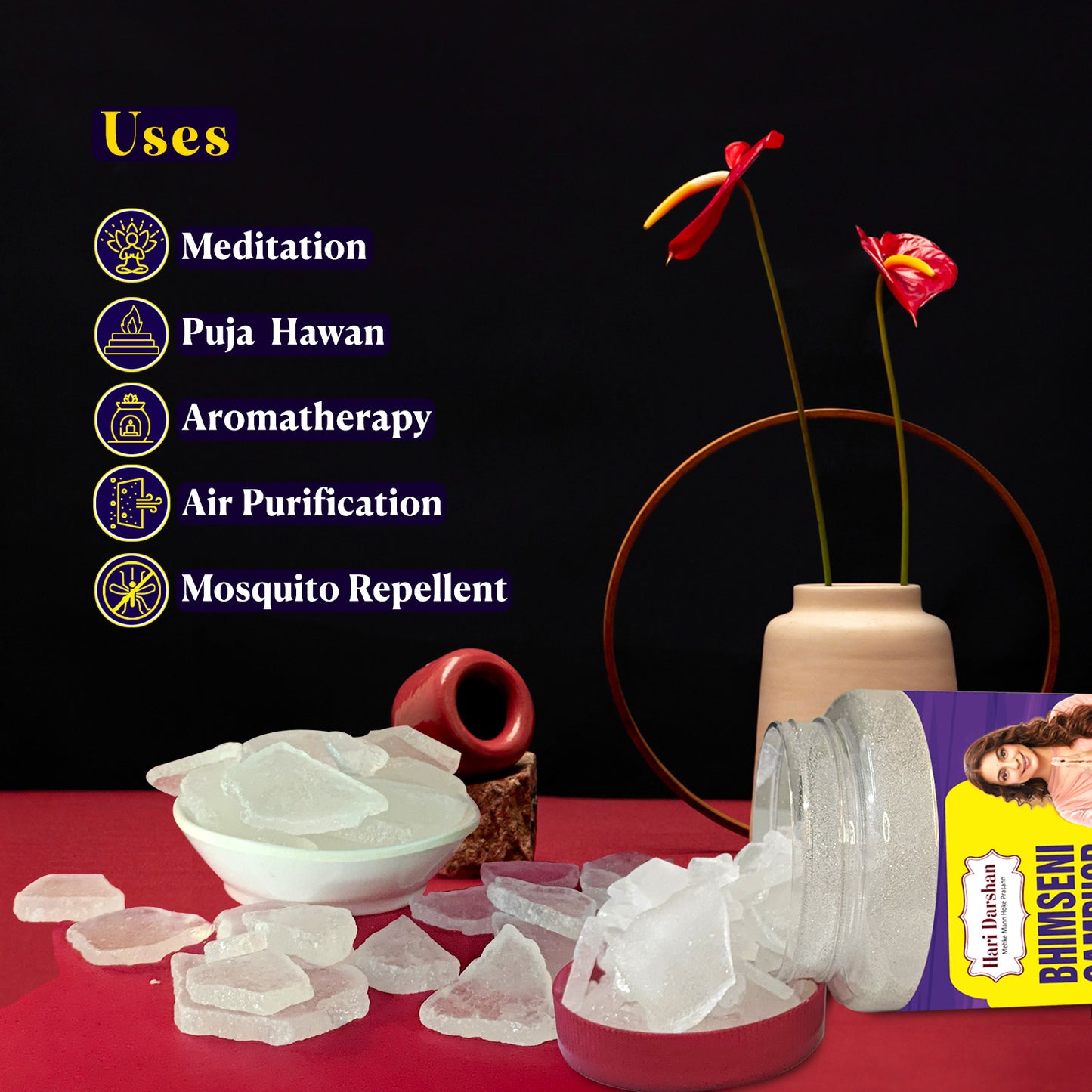 Pure Bhimseni Camphor - Pure Kapur Crystals - For Pooja, Meditation, Havan or Room Freshener - Jar - 150g