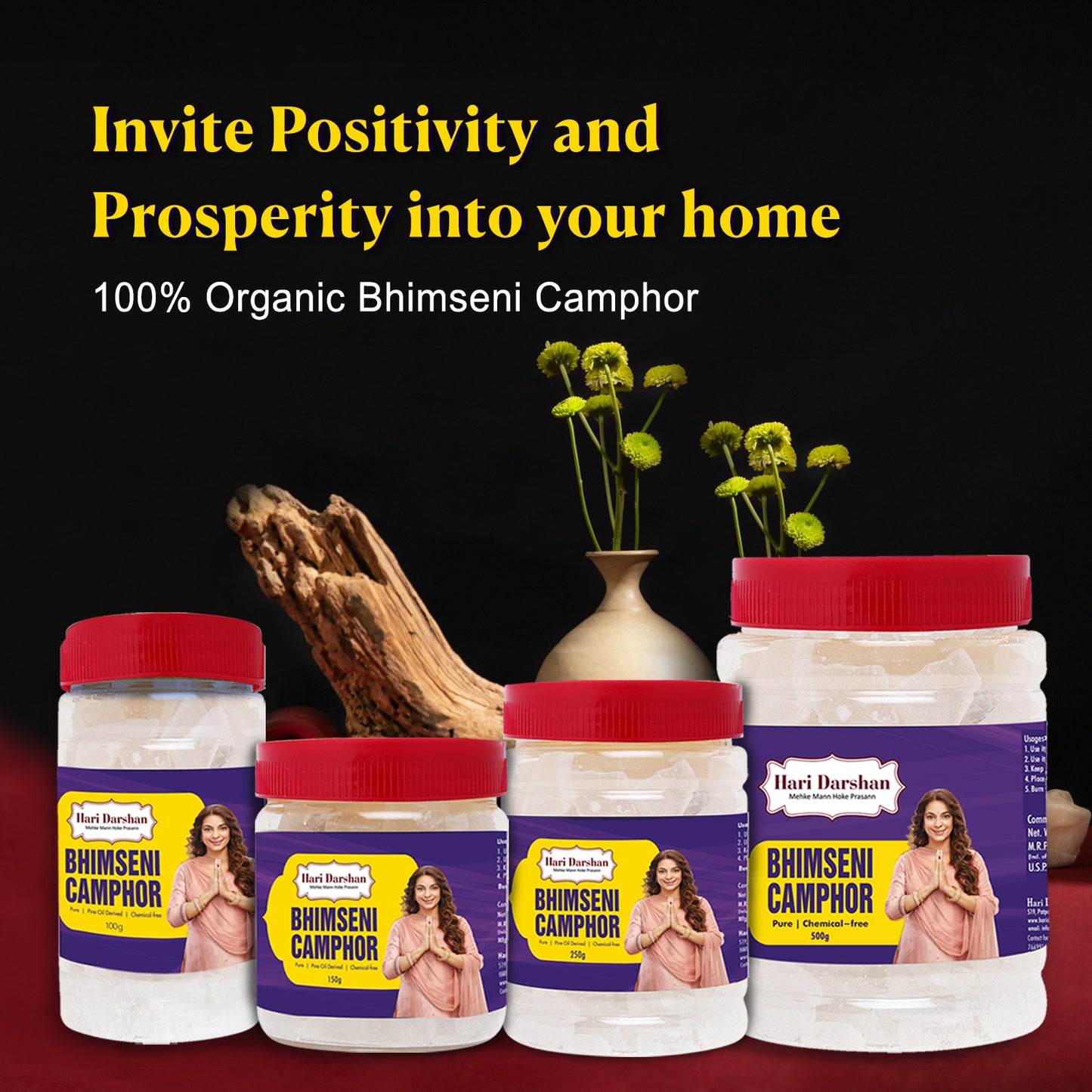 Pure Bhimseni Camphor - Pure Kapur Crystals - For Pooja, Meditation, Havan or Room Freshener - Jar - 150g