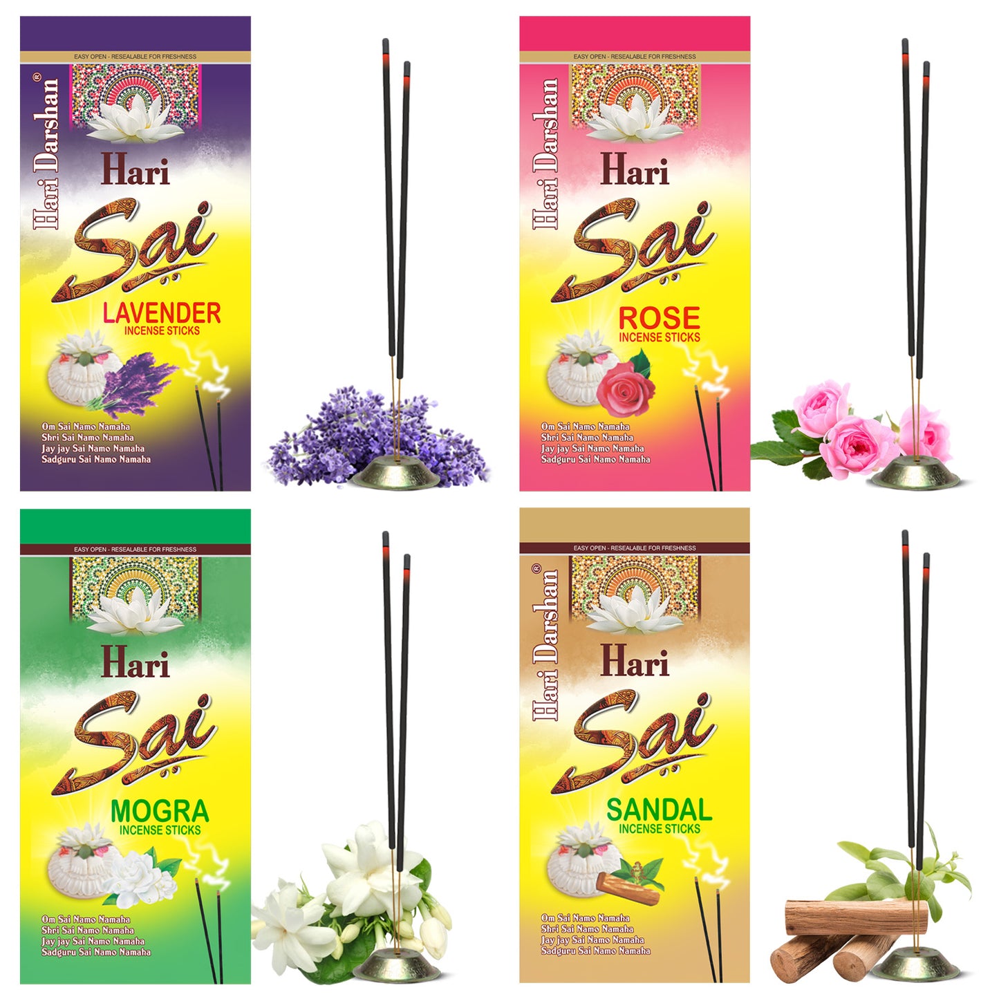 Combo of Hari Sai Agarbatti - Sandal, Rose, Lavender, Mogra - 120g each - Pack of 4 - Rich Perfumed Incense Stick