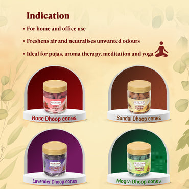 Combo of Dry Dhoop Cones - Rose, Lavender, Mogra, Sandal (Pack of 4, 125g Each) & with Four in One Sambrani Cups and Yellow Chandan Tika with Free Bag