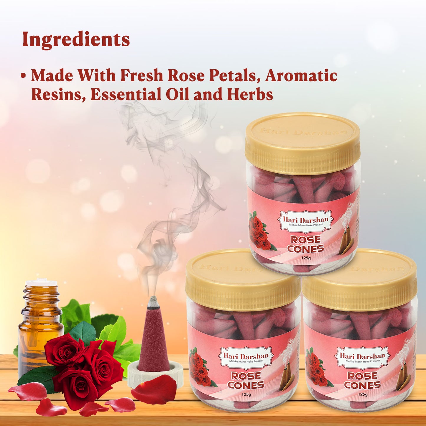 ROSE - Dhoop Cones Jar - 125g, Approx 70 Cones in Each Jar