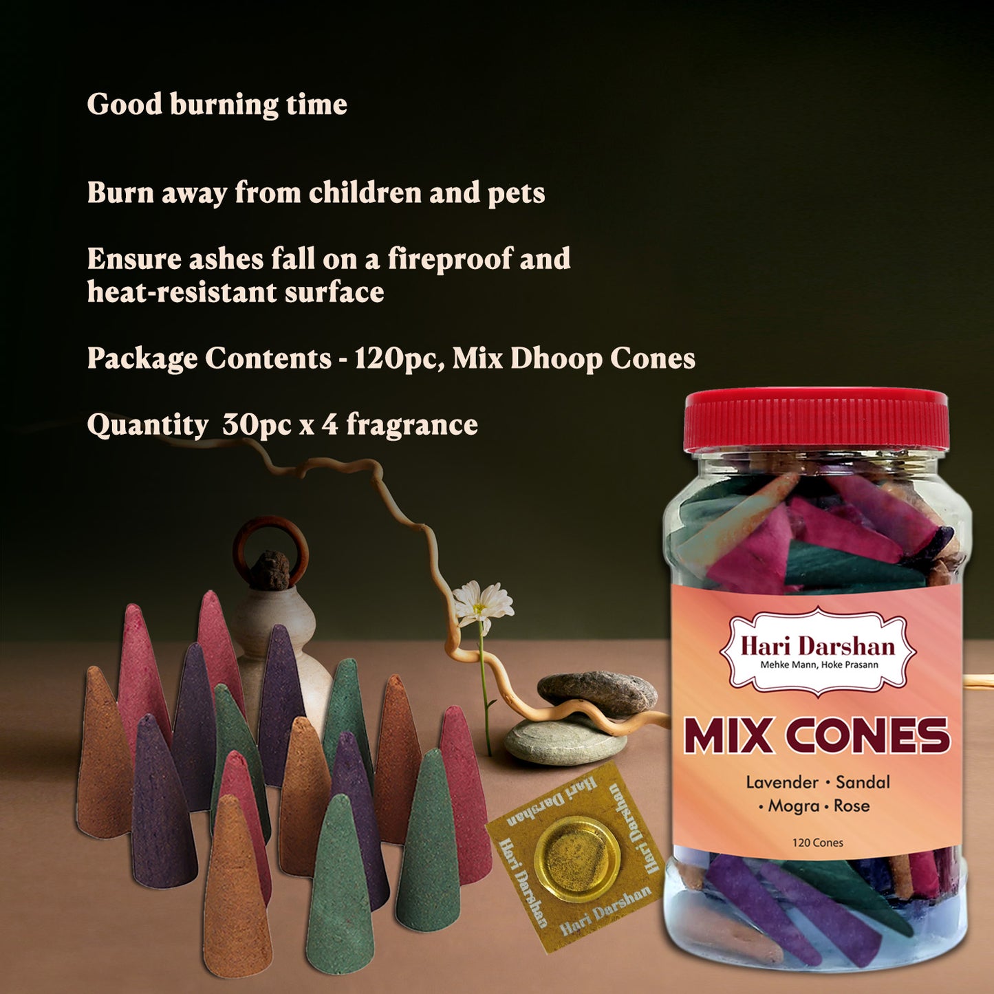 Mix Dhoop Cones - Rose, Mogra, Lavender & Sandal - 120 Cones in Each Jar