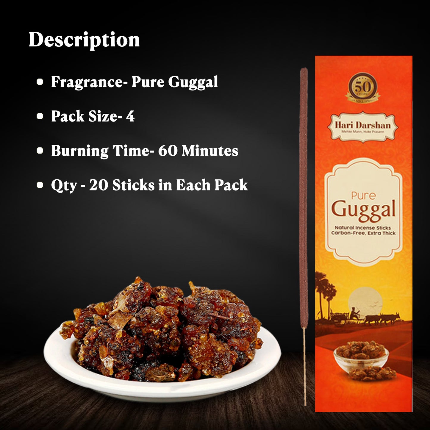 Pure GUGGAL - Natural Incense Sticks - Carbon Free Agarbatti for Pooja - 20 Sticks in Each Pack