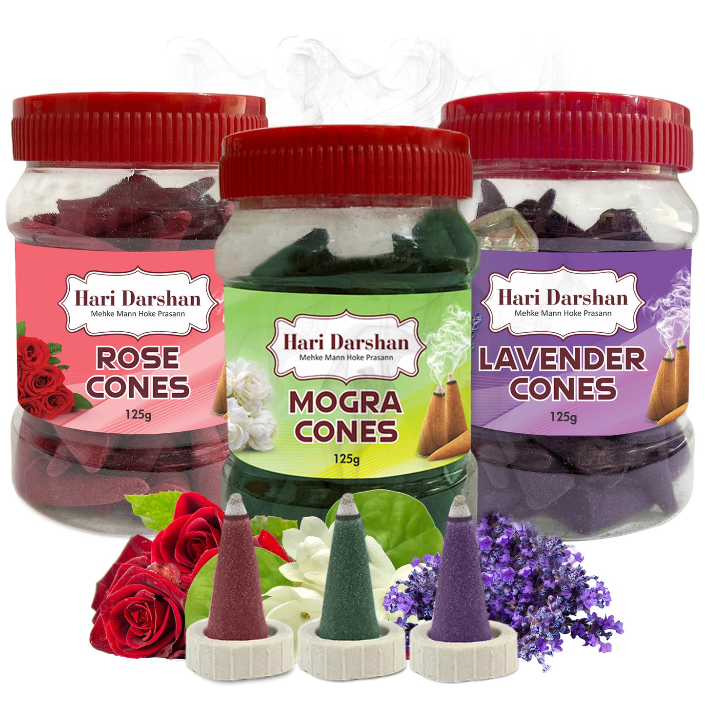 Combo of Rose, Mogra, Lavender - Dhoop Cones Jar - Pack of 3, 65 Pcs in Each Pack