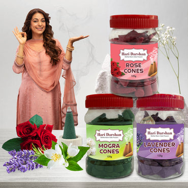 Combo of Rose, Mogra, Lavender - Dhoop Cones Jar - Pack of 3, 65 Pcs in Each Pack