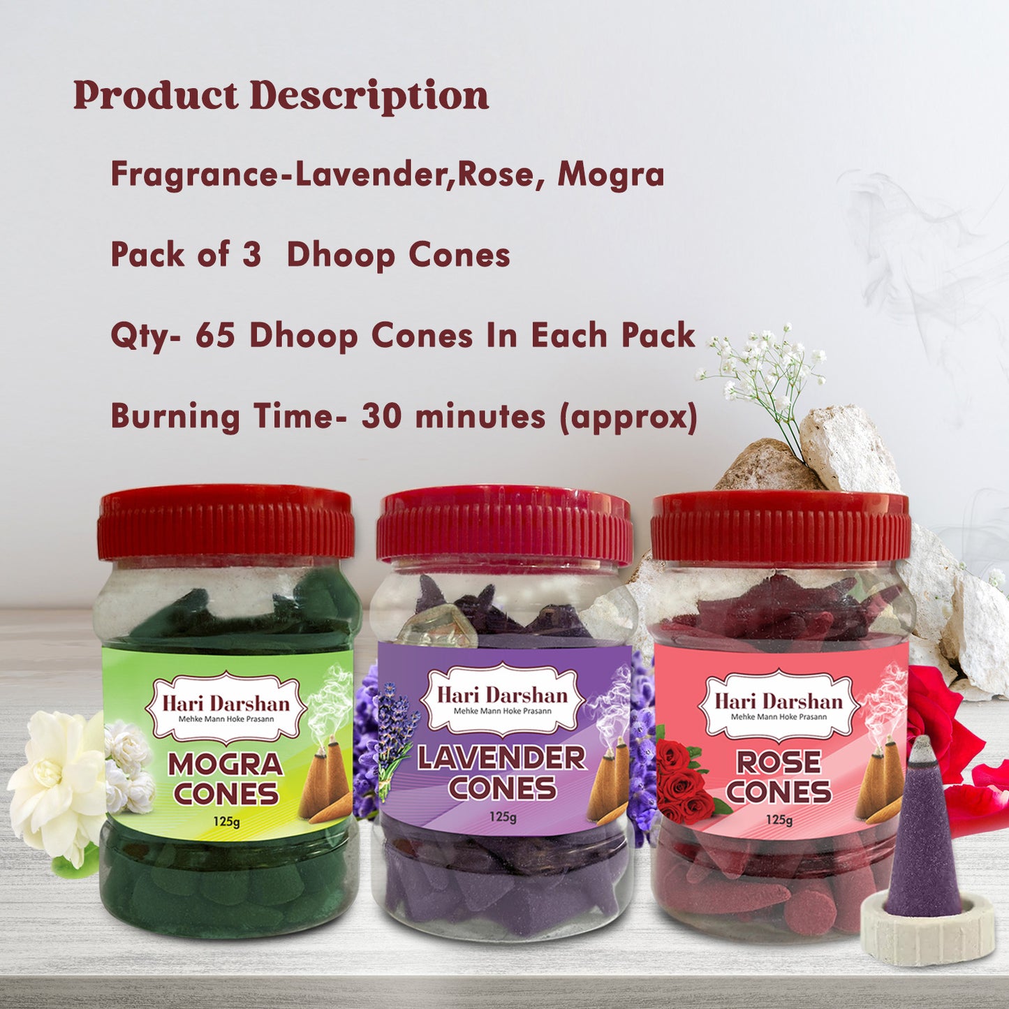 Combo of Rose, Mogra, Lavender - Dhoop Cones Jar - Pack of 3, 65 Pcs in Each Pack