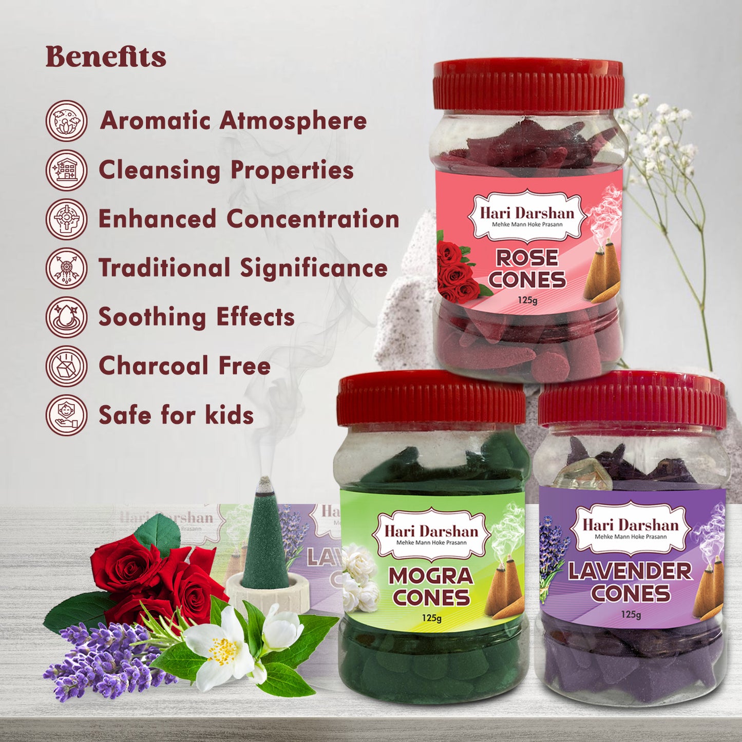 Combo of Rose, Mogra, Lavender - Dhoop Cones Jar - Pack of 3, 65 Pcs in Each Pack
