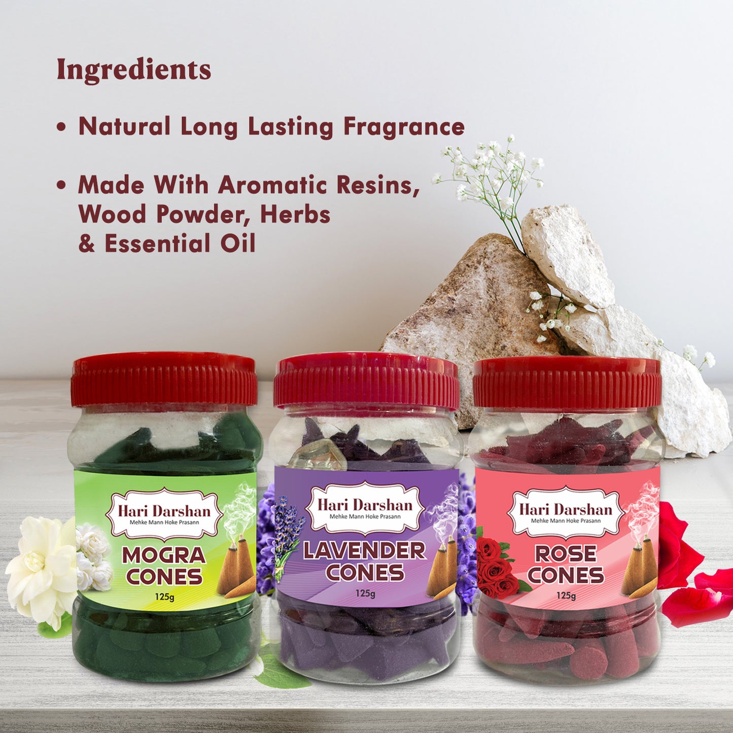 Combo of Rose, Mogra, Lavender - Dhoop Cones Jar - Pack of 3, 65 Pcs in Each Pack