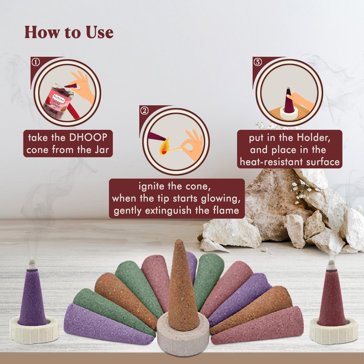 Combo of Rose, Mogra, Lavender - Dhoop Cones Jar - Pack of 3, 65 Pcs in Each Pack