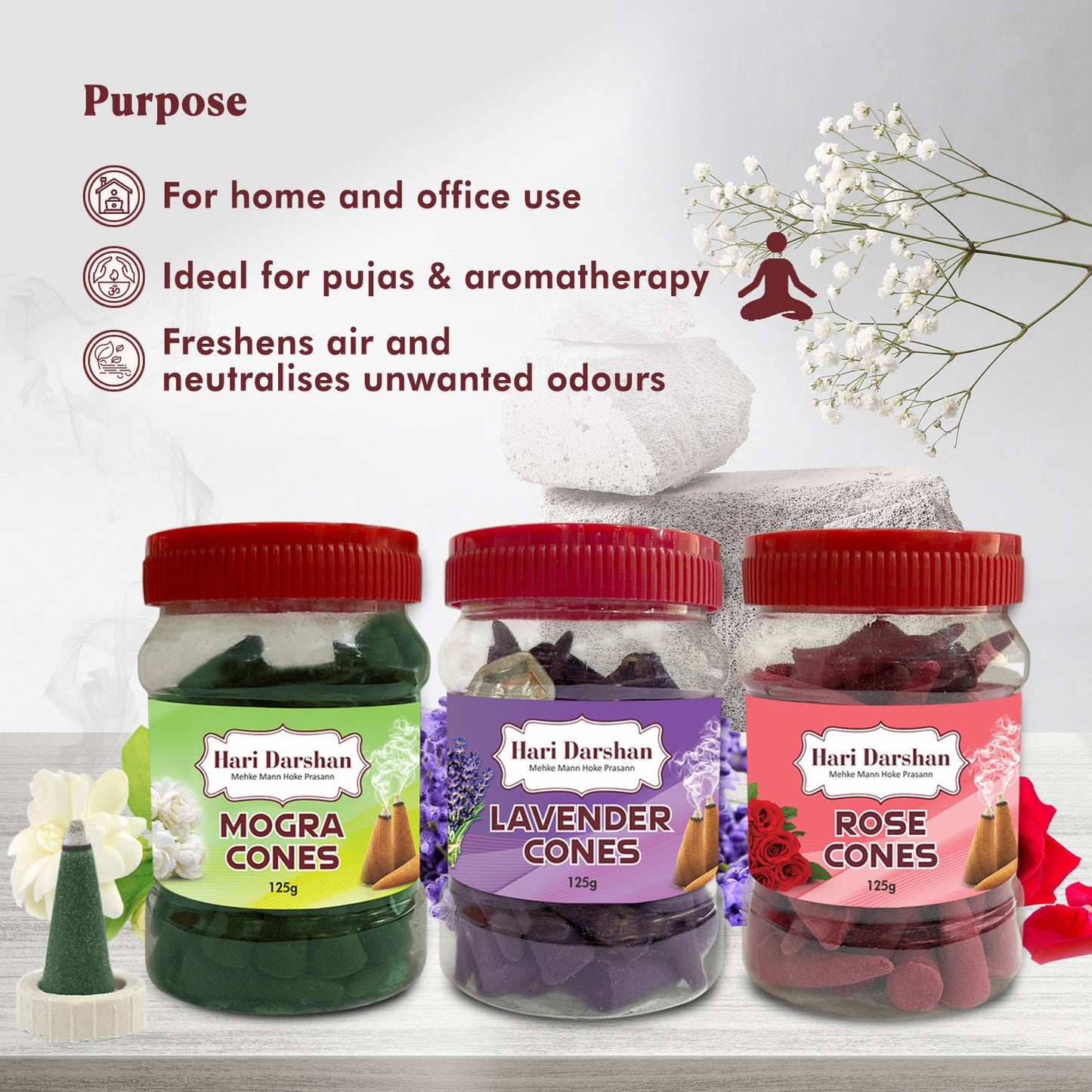 Combo of Rose, Mogra, Lavender - Dhoop Cones Jar - Pack of 3, 65 Pcs in Each Pack