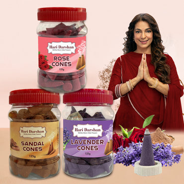 Combo of Lavender, Sandal, Rose - Dhoop Cones Jar - Pack of 3, 65 Pcs in Each Pack