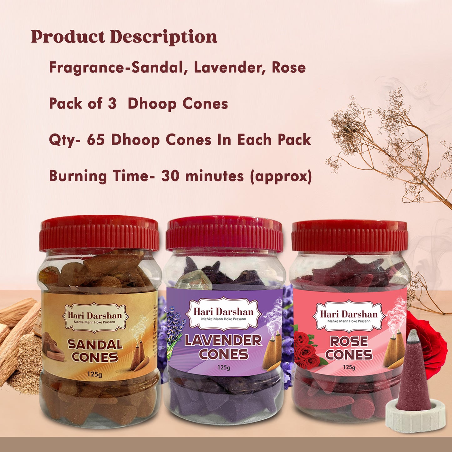 Combo of Lavender, Sandal, Rose - Dhoop Cones Jar - Pack of 3, 65 Pcs in Each Pack