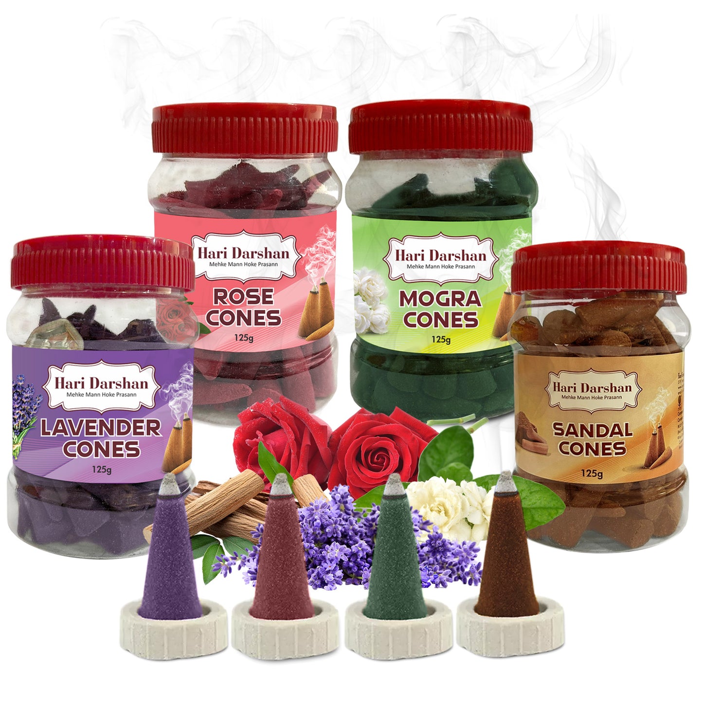 Combo of Lavender, Sandal, Rose, Mogra - Dhoop Cones Jar - Pack of 4, 65 Pcs in Each Pack