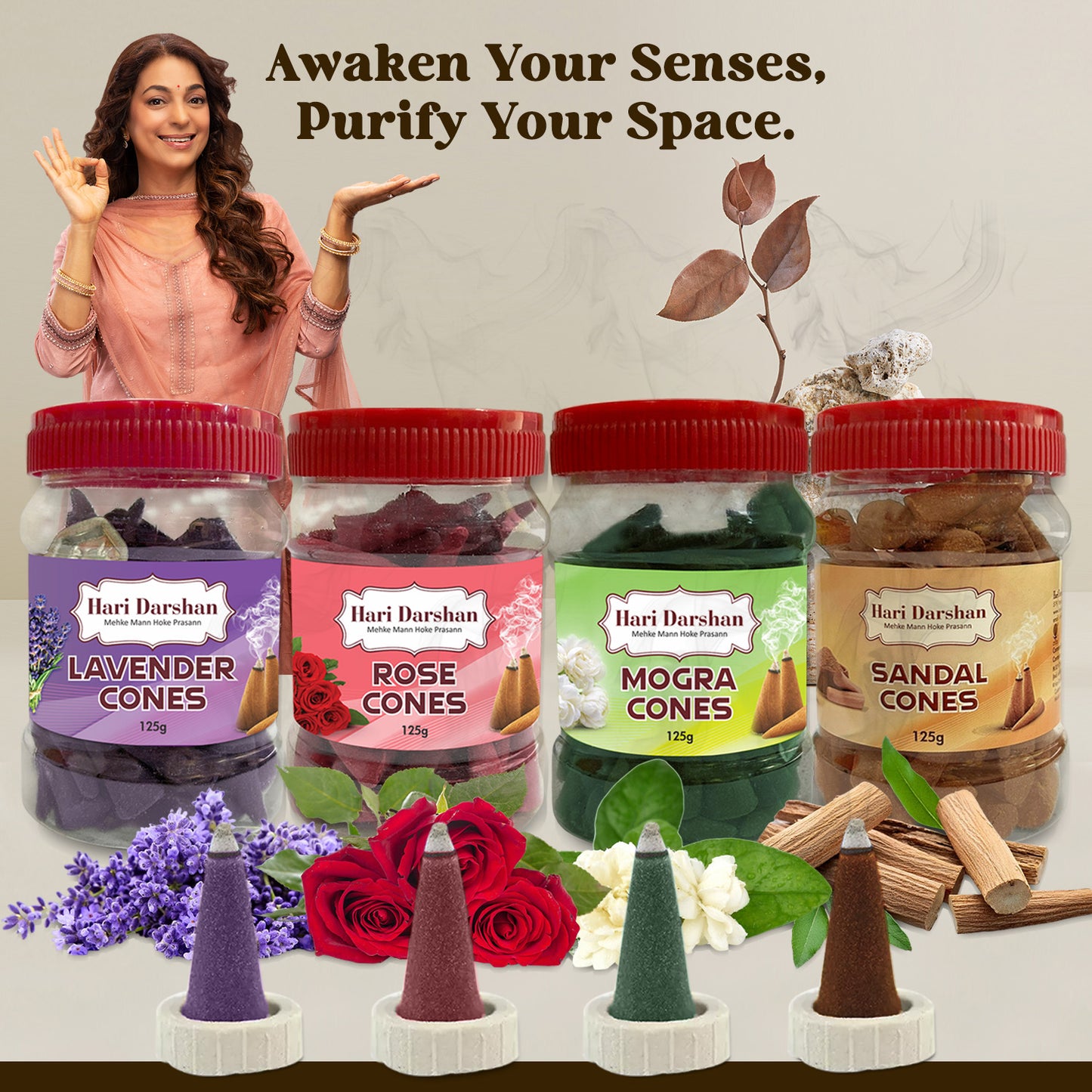 Combo of Lavender, Sandal, Rose, Mogra - Dhoop Cones Jar - Pack of 4, 65 Pcs in Each Pack