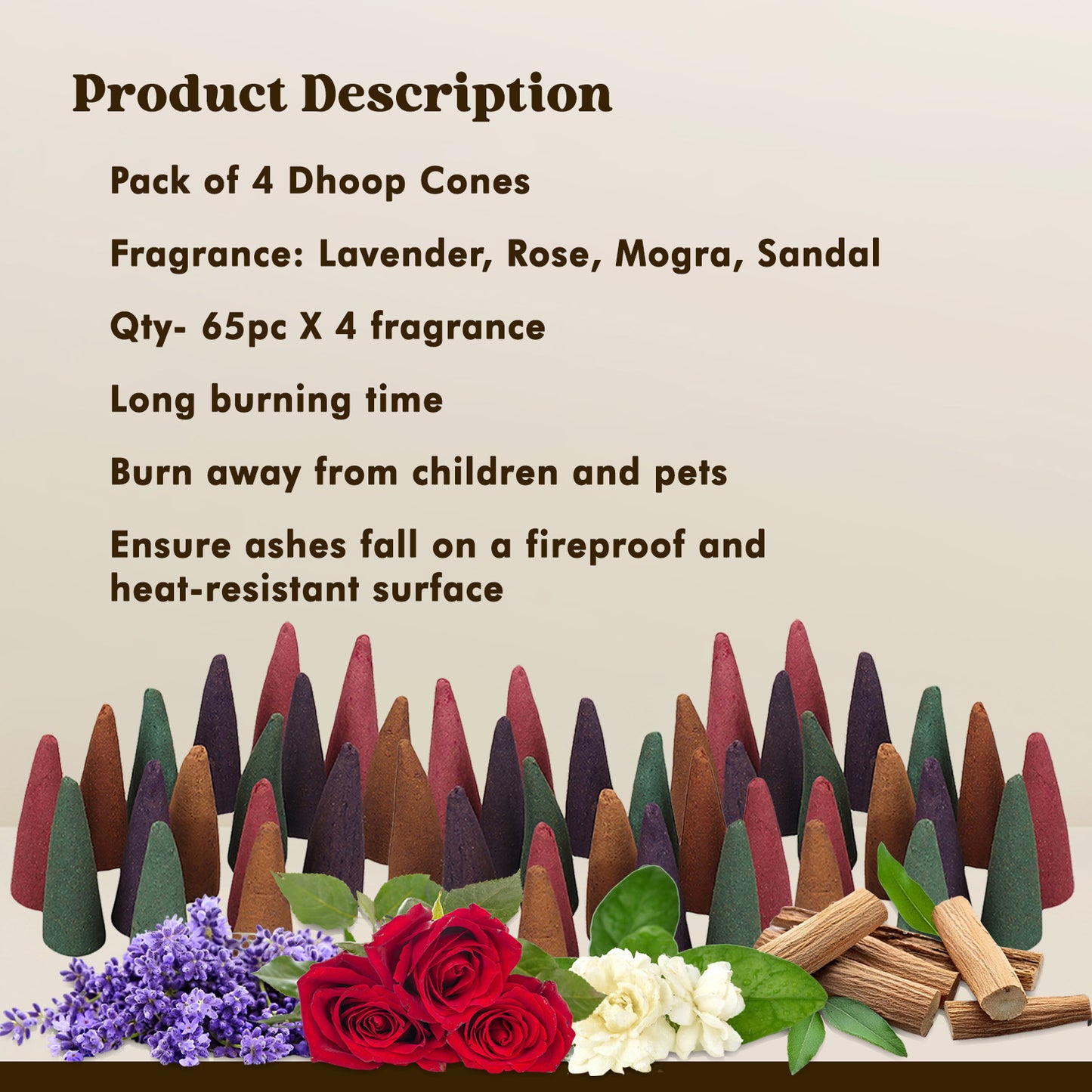 Combo of Lavender, Sandal, Rose, Mogra - Dhoop Cones Jar - Pack of 4, 65 Pcs in Each Pack