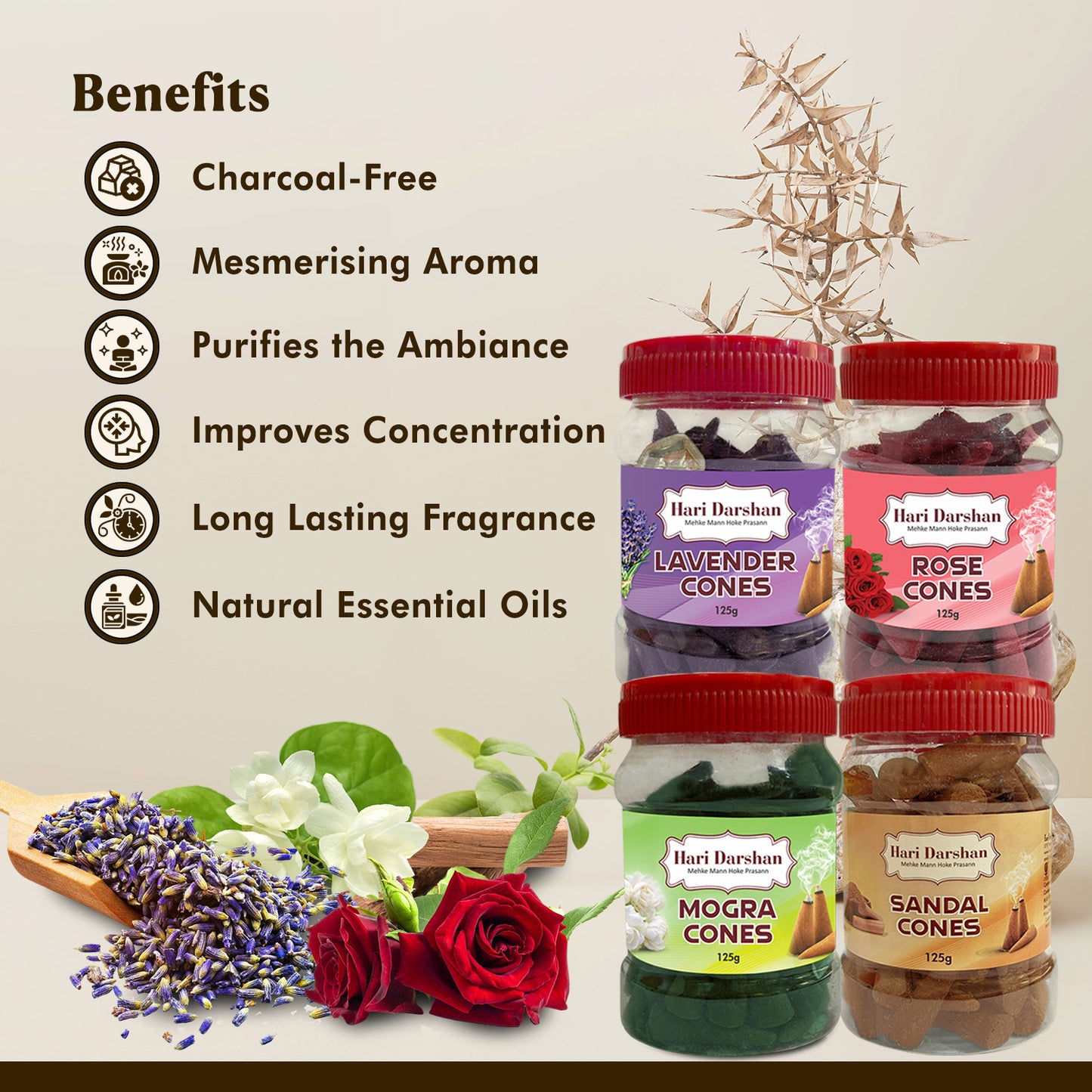 Combo of Lavender, Sandal, Rose, Mogra - Dhoop Cones Jar - Pack of 4, 65 Pcs in Each Pack