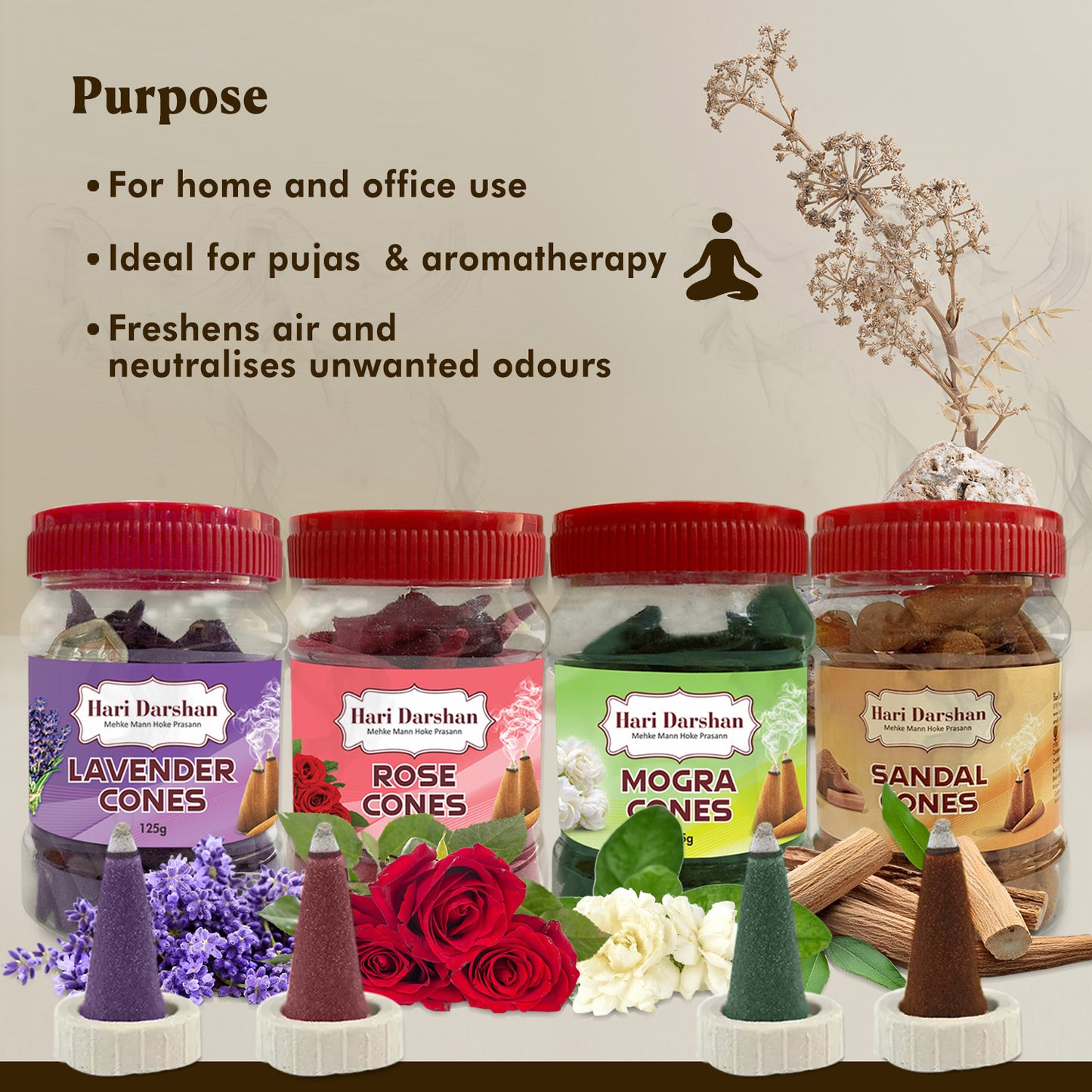 Combo of Lavender, Sandal, Rose, Mogra - Dhoop Cones Jar - Pack of 4, 65 Pcs in Each Pack