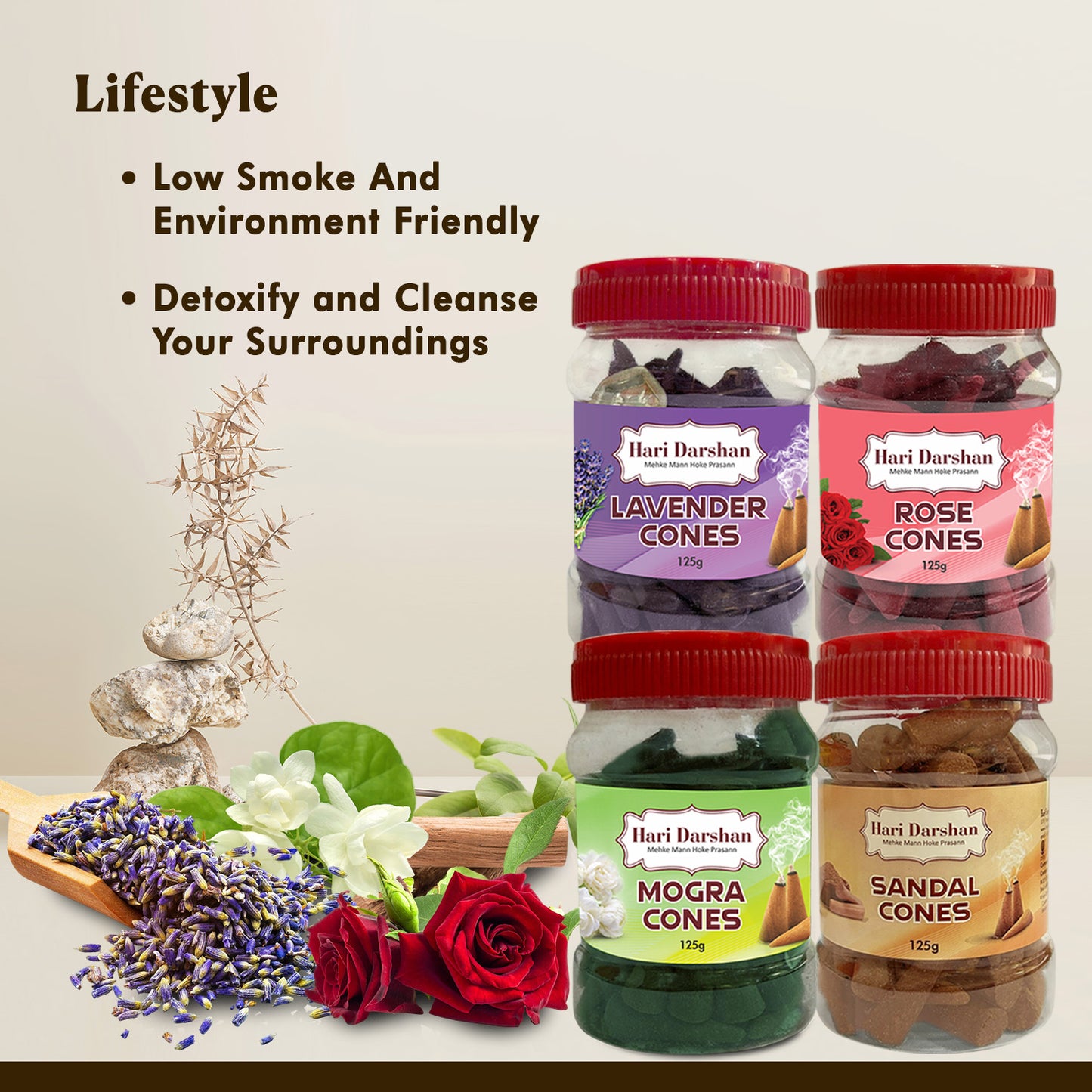 Combo of Lavender, Sandal, Rose, Mogra - Dhoop Cones Jar - Pack of 4, 65 Pcs in Each Pack