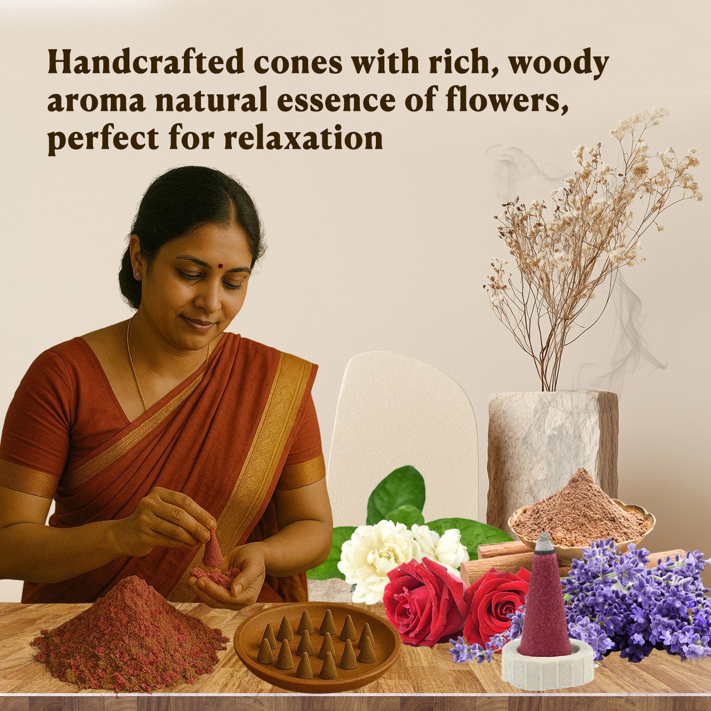 Combo of Lavender, Sandal, Rose, Mogra - Dhoop Cones Jar - Pack of 4, 65 Pcs in Each Pack