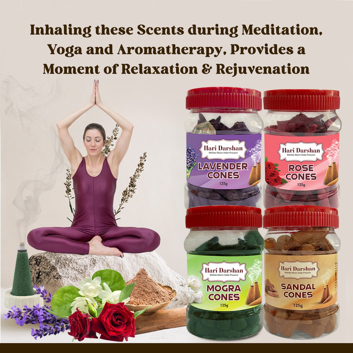 Combo of Lavender, Sandal, Rose, Mogra - Dhoop Cones Jar - Pack of 4, 65 Pcs in Each Pack