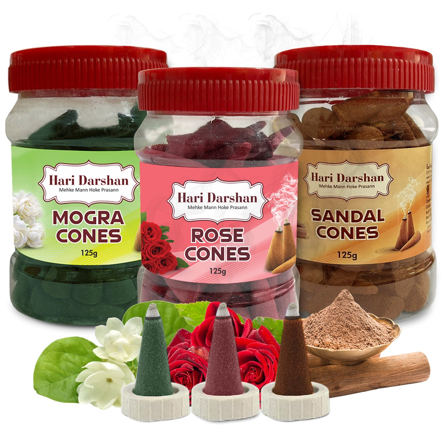 Combo of Rose, Mogra, Sandal - Dhoop Cones Jar - Pack of 3, 65 Pcs in Each Pack