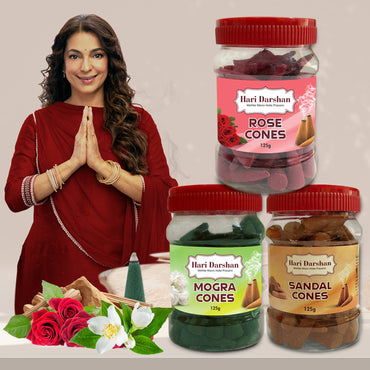 Combo of Rose, Mogra, Sandal - Dhoop Cones Jar - Pack of 3, 65 Pcs in Each Pack