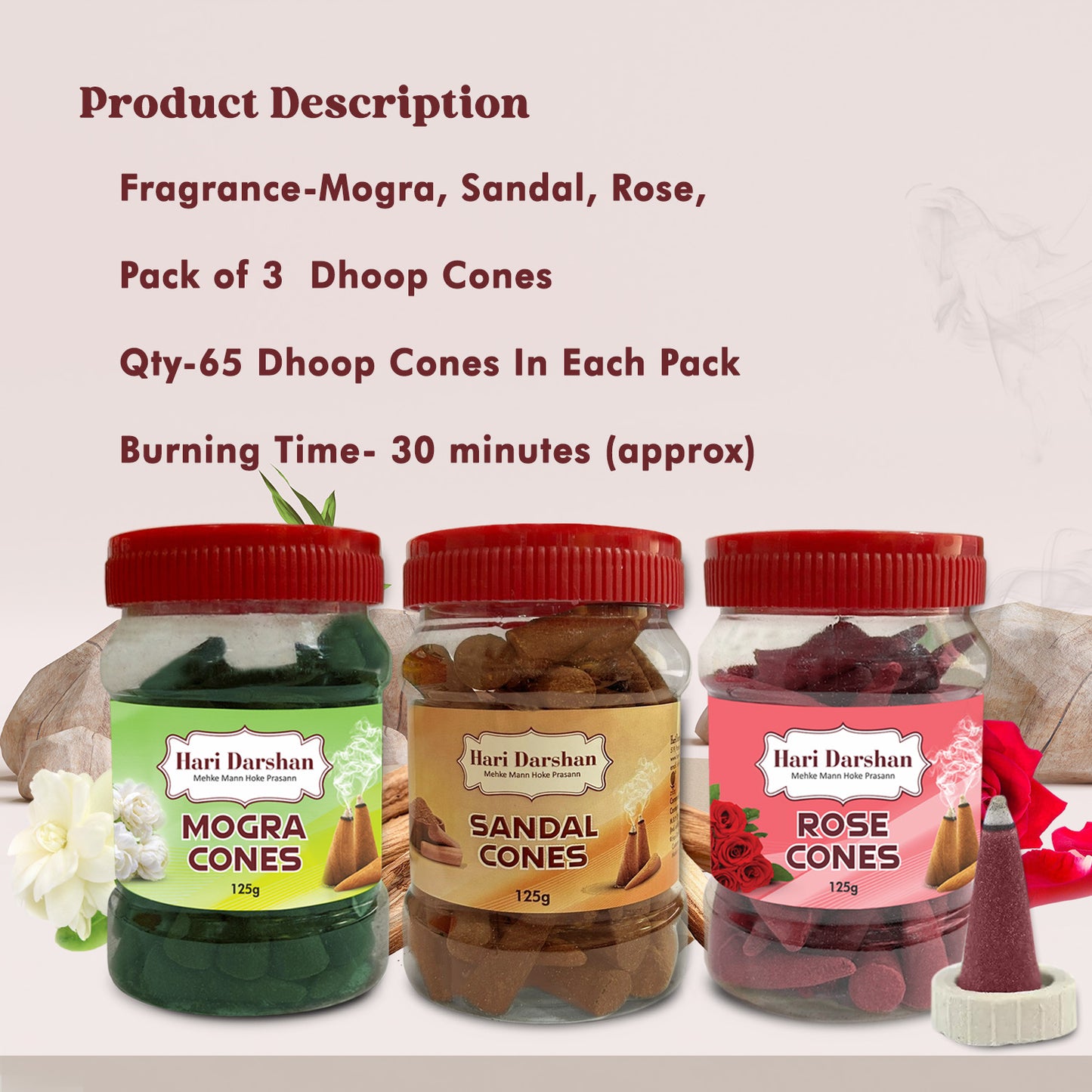 Combo of Rose, Mogra, Sandal - Dhoop Cones Jar - Pack of 3, 65 Pcs in Each Pack