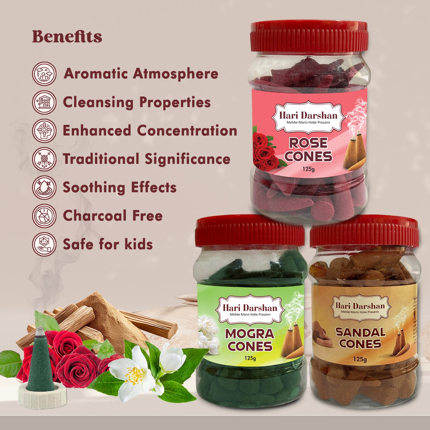 Combo of Rose, Mogra, Sandal - Dhoop Cones Jar - Pack of 3, 65 Pcs in Each Pack