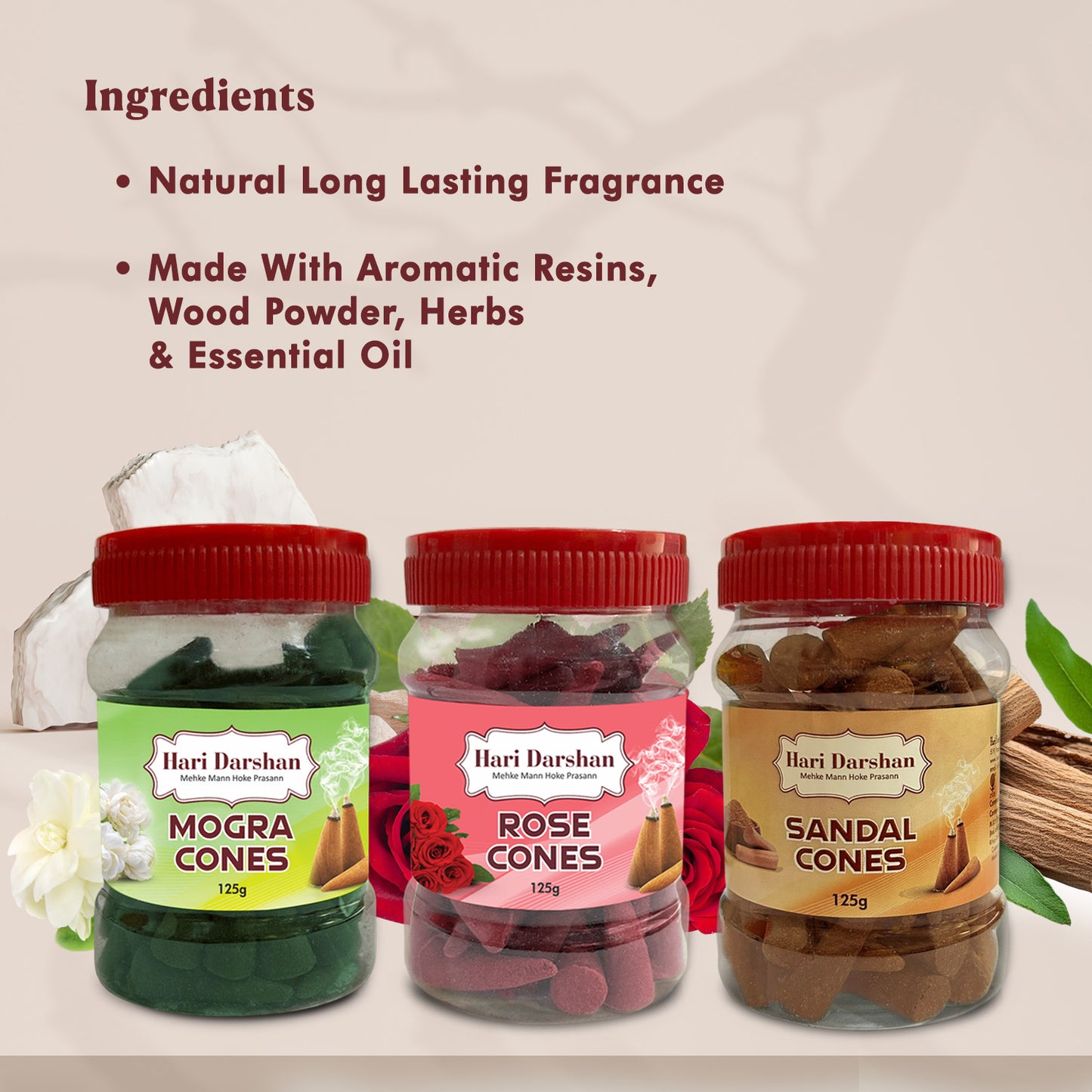 Combo of Rose, Mogra, Sandal - Dhoop Cones Jar - Pack of 3, 65 Pcs in Each Pack