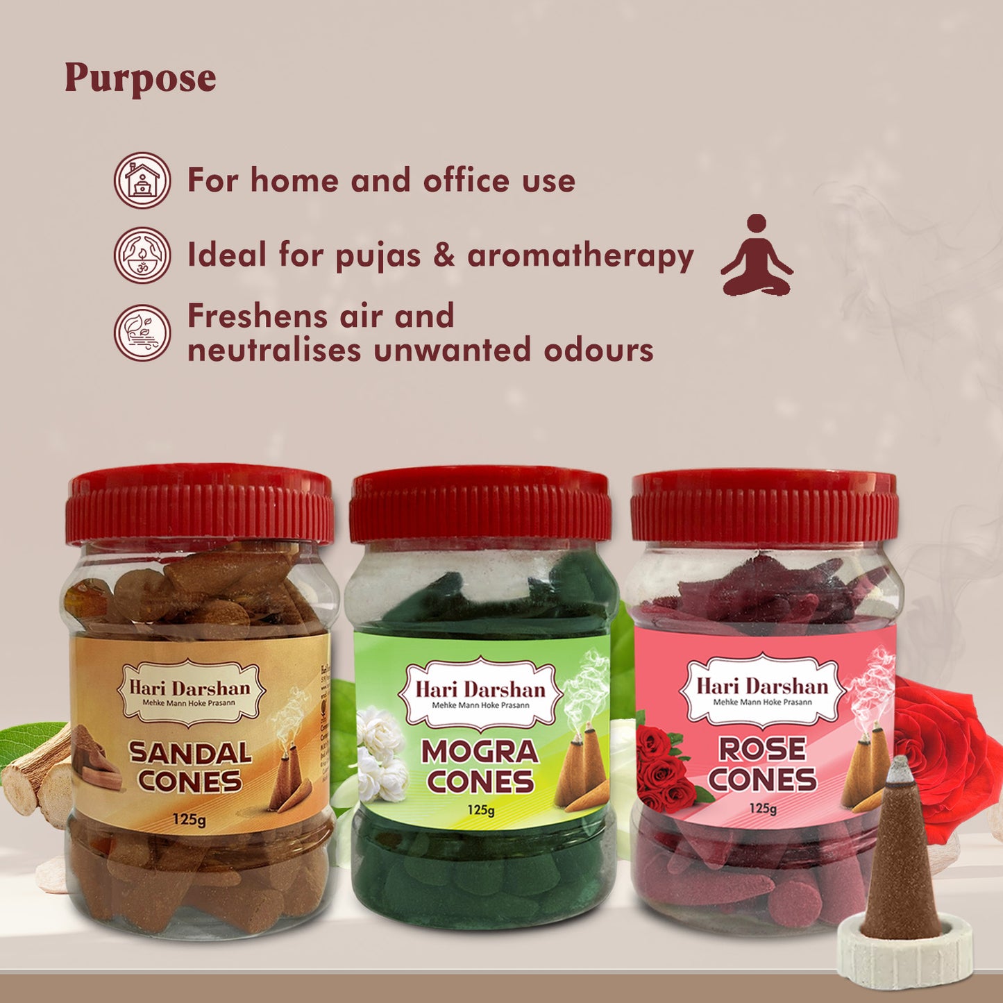 Combo of Rose, Mogra, Sandal - Dhoop Cones Jar - Pack of 3, 65 Pcs in Each Pack