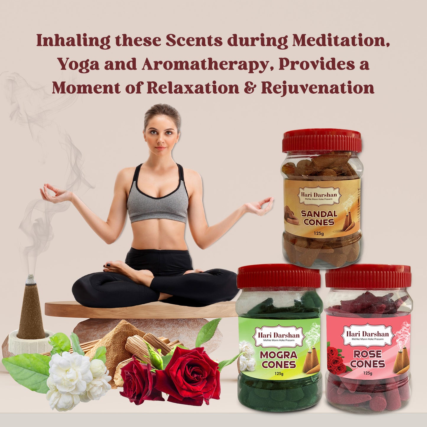 Combo of Rose, Mogra, Sandal - Dhoop Cones Jar - Pack of 3, 65 Pcs in Each Pack
