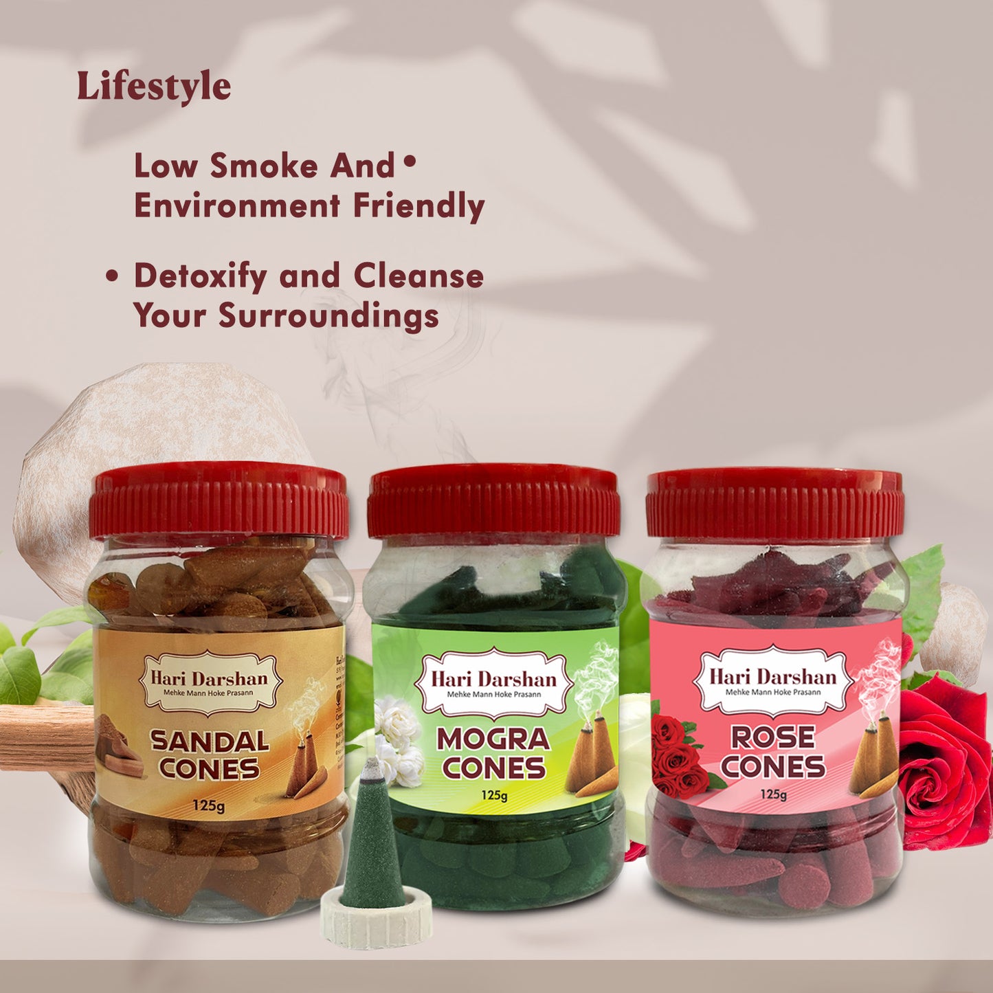 Combo of Rose, Mogra, Sandal - Dhoop Cones Jar - Pack of 3, 65 Pcs in Each Pack