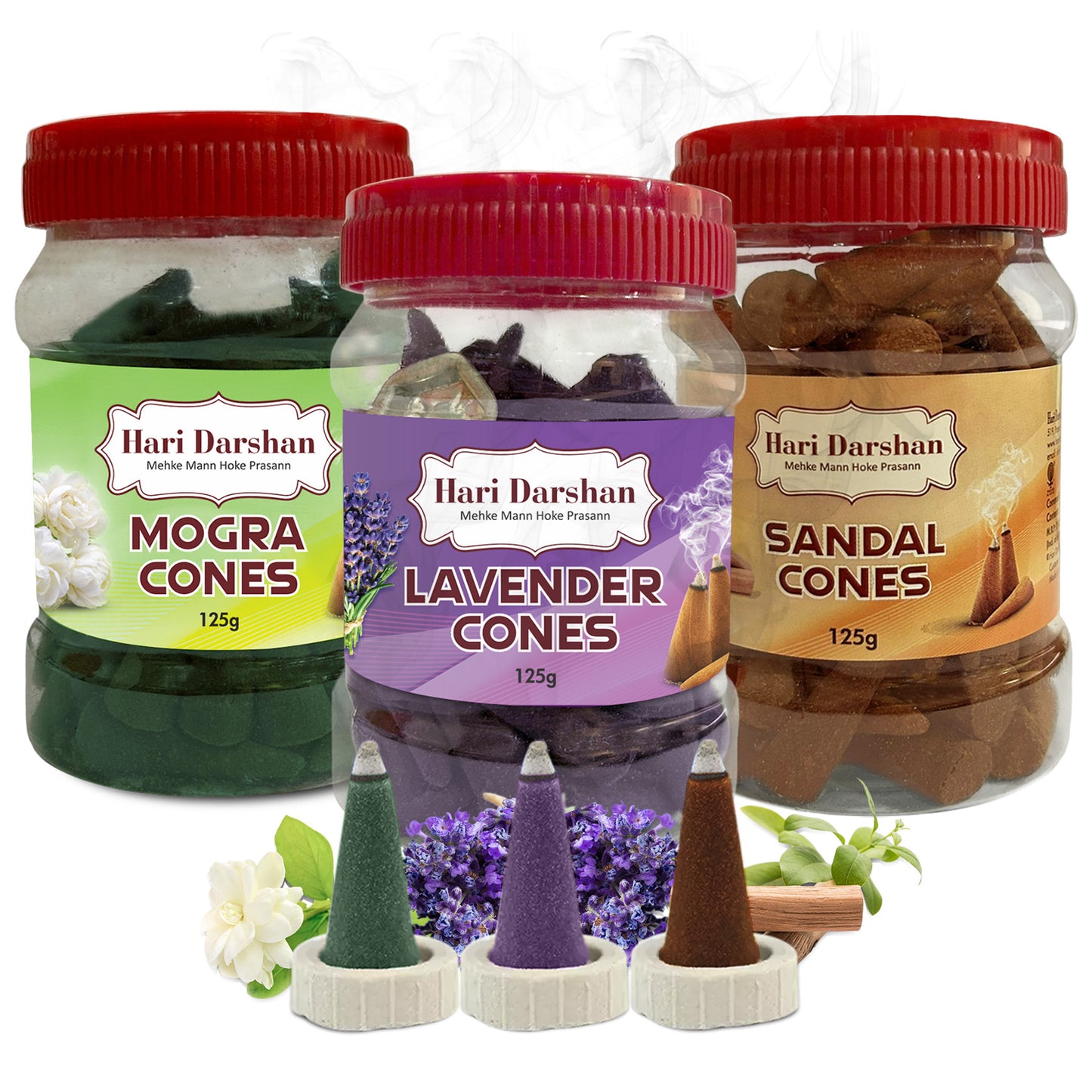 Combo of Lavender, Sandal, Mogra - Dhoop Cones Jar - Pack of 3, 65 Pcs in Each Pack