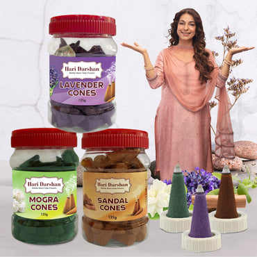 Combo of Lavender, Sandal, Mogra - Dhoop Cones Jar - Pack of 3, 65 Pcs in Each Pack