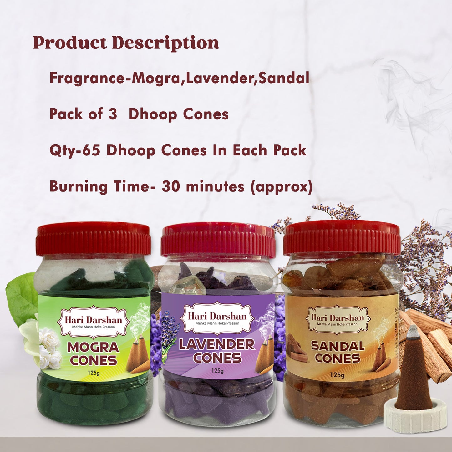 Combo of Lavender, Sandal, Mogra - Dhoop Cones Jar - Pack of 3, 65 Pcs in Each Pack