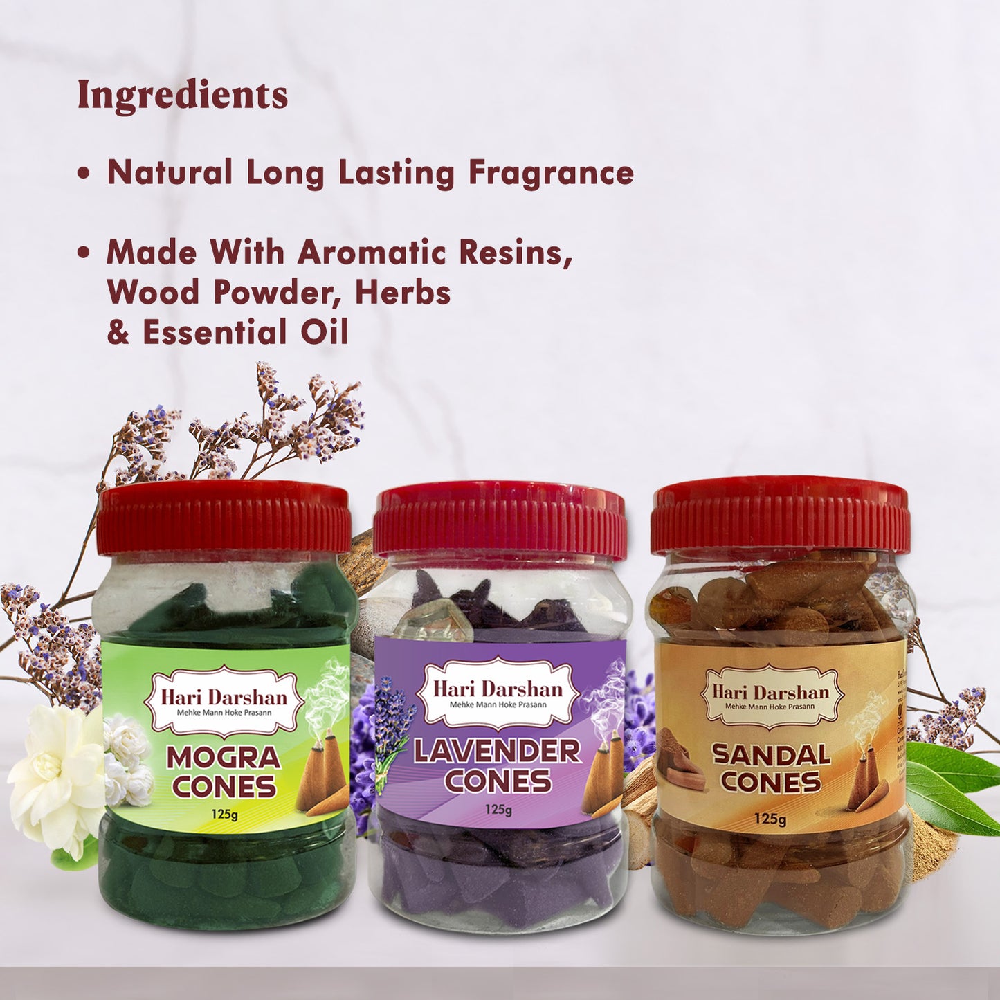 Combo of Lavender, Sandal, Mogra - Dhoop Cones Jar - Pack of 3, 65 Pcs in Each Pack