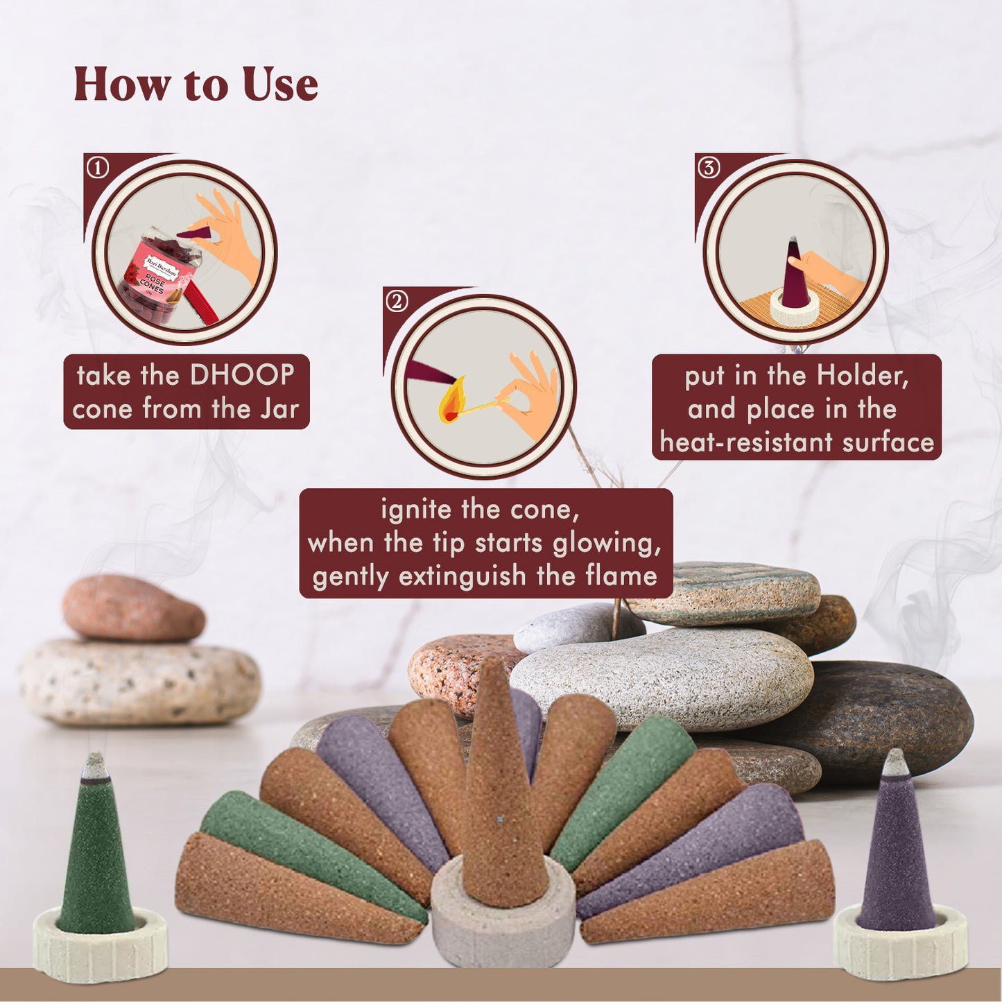 Combo of Lavender, Sandal, Mogra - Dhoop Cones Jar - Pack of 3, 65 Pcs in Each Pack